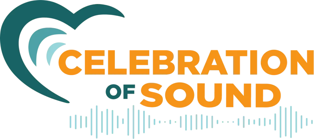 Celebration of Sound logo with sound waves and hearts.